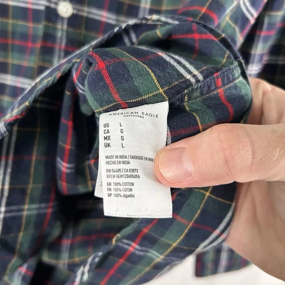 American Eagle Flannel Shirt Men's Large Green Blue Plaid Button Up Long Sleeve - Picture 5 of 8